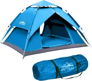 Outrav Easy Automatic Pop-Up Camping Tents for 3-4 People – Lightweight Quick Setup Instant Pop Open Cabin with Two Way Zipper, Lamp Hook, Net Curtain, Stakes, Rope, Carrying Bag