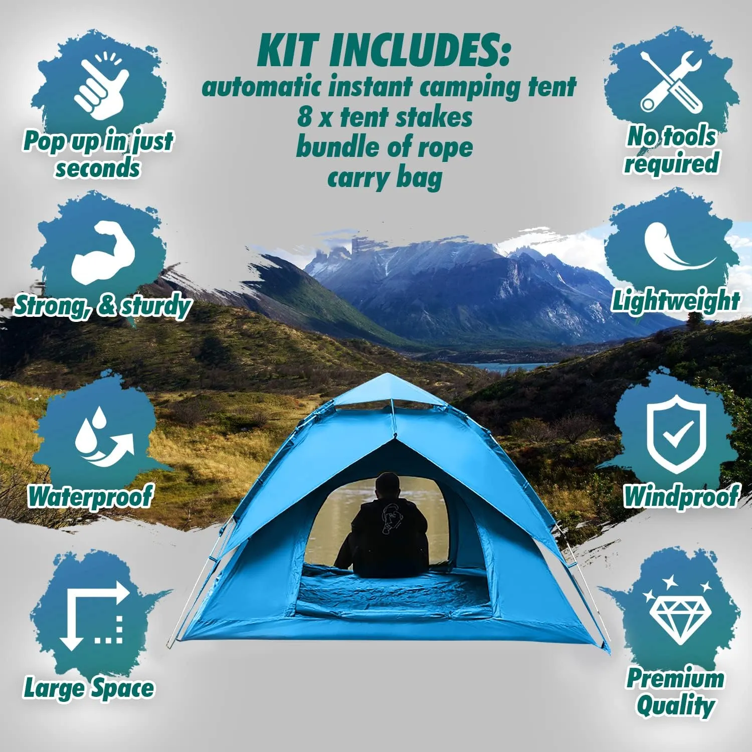 Outrav Easy Automatic Pop-Up Camping Tents for 3-4 People – Lightweight Quick Setup Instant Pop Open Cabin with Two Way Zipper, Lamp Hook, Net Curtain, Stakes, Rope, Carrying Bag