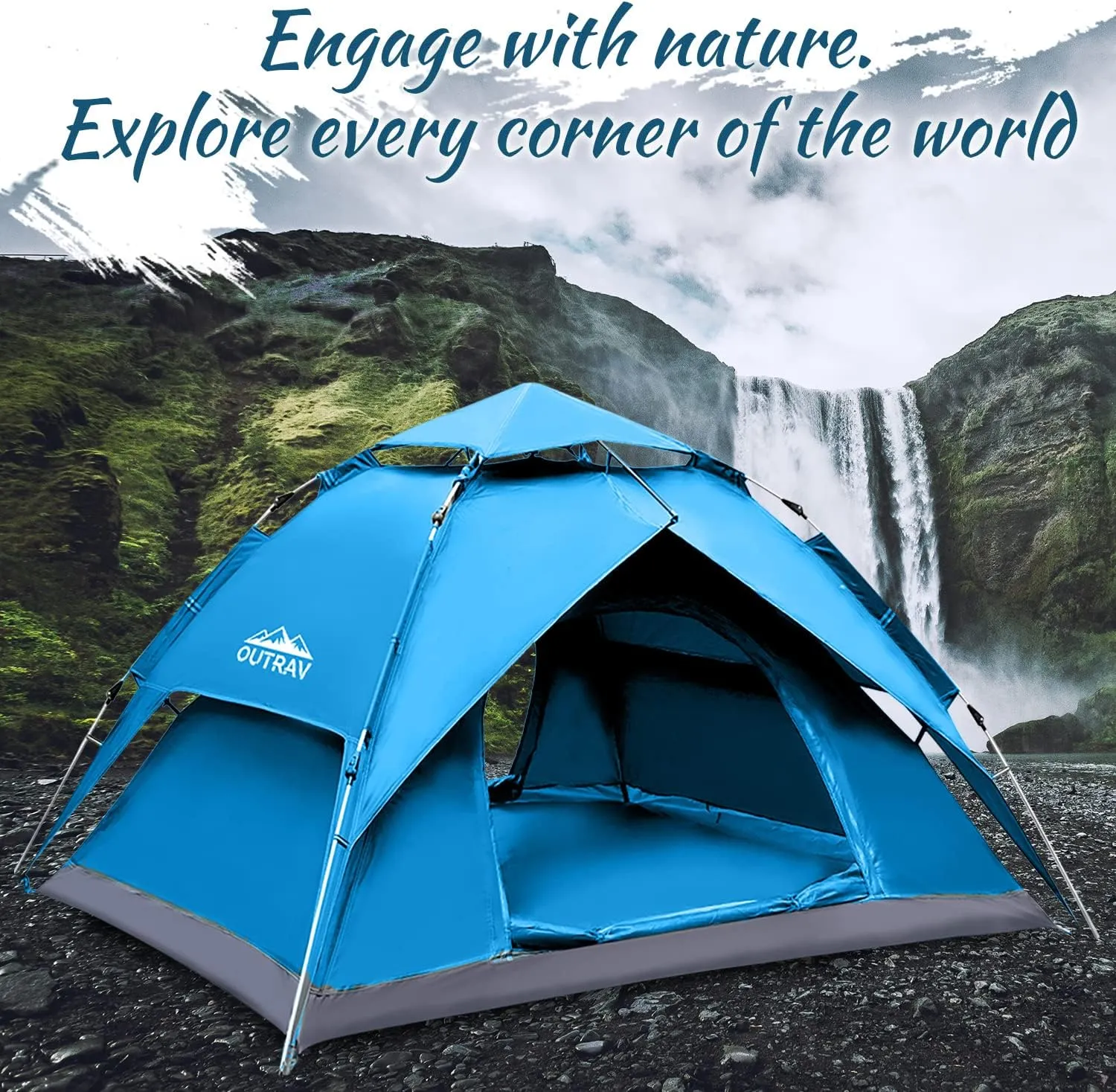 Outrav Easy Automatic Pop-Up Camping Tents for 3-4 People – Lightweight Quick Setup Instant Pop Open Cabin with Two Way Zipper, Lamp Hook, Net Curtain, Stakes, Rope, Carrying Bag