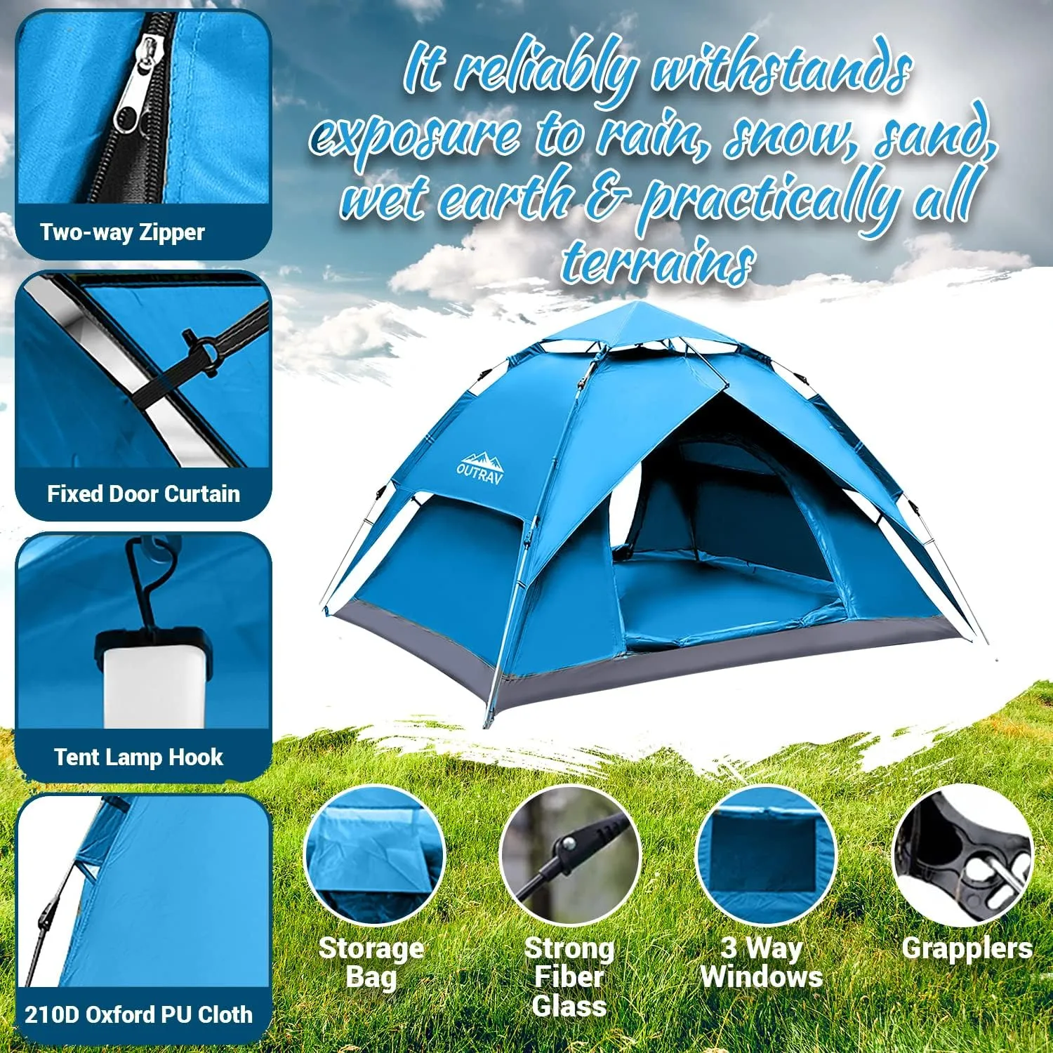 Outrav Easy Automatic Pop-Up Camping Tents for 3-4 People – Lightweight Quick Setup Instant Pop Open Cabin with Two Way Zipper, Lamp Hook, Net Curtain, Stakes, Rope, Carrying Bag