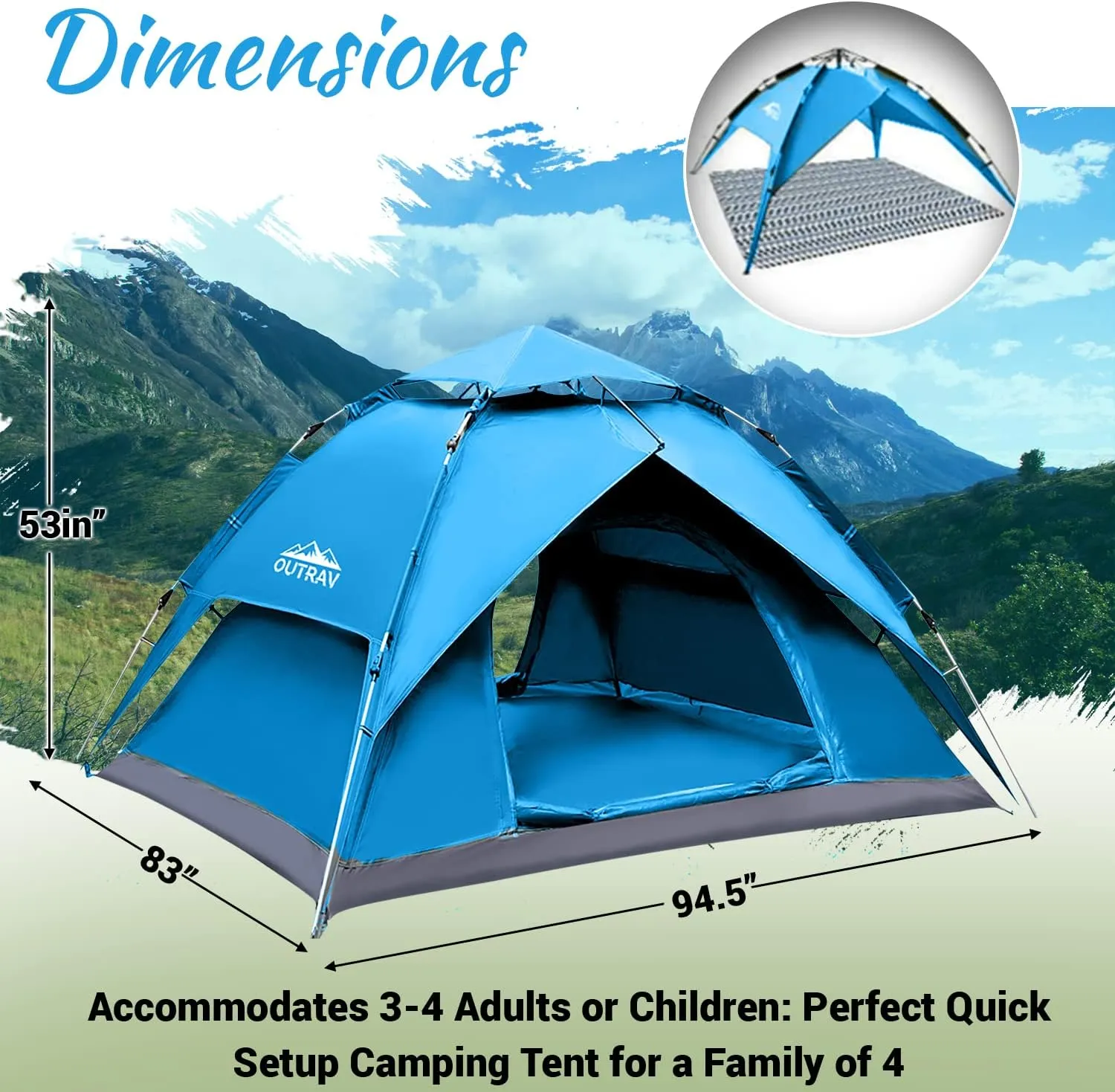 Outrav Easy Automatic Pop-Up Camping Tents for 3-4 People – Lightweight Quick Setup Instant Pop Open Cabin with Two Way Zipper, Lamp Hook, Net Curtain, Stakes, Rope, Carrying Bag