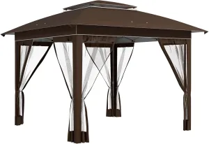 Outsunny 12' x 12' Pop Up Canopy Tent with Netting and Carry Bag, Instant Sun Shelter with 137 sq.ft Shade, Tents for Parties, Height Adjustable, for Outdoor, Garden, Patio, Dark Brown