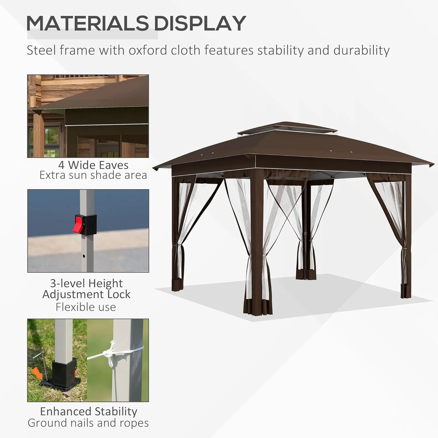 Outsunny 12' x 12' Pop Up Canopy Tent with Netting and Carry Bag, Instant Sun Shelter with 137 sq.ft Shade, Tents for Parties, Height Adjustable, for Outdoor, Garden, Patio, Dark Brown