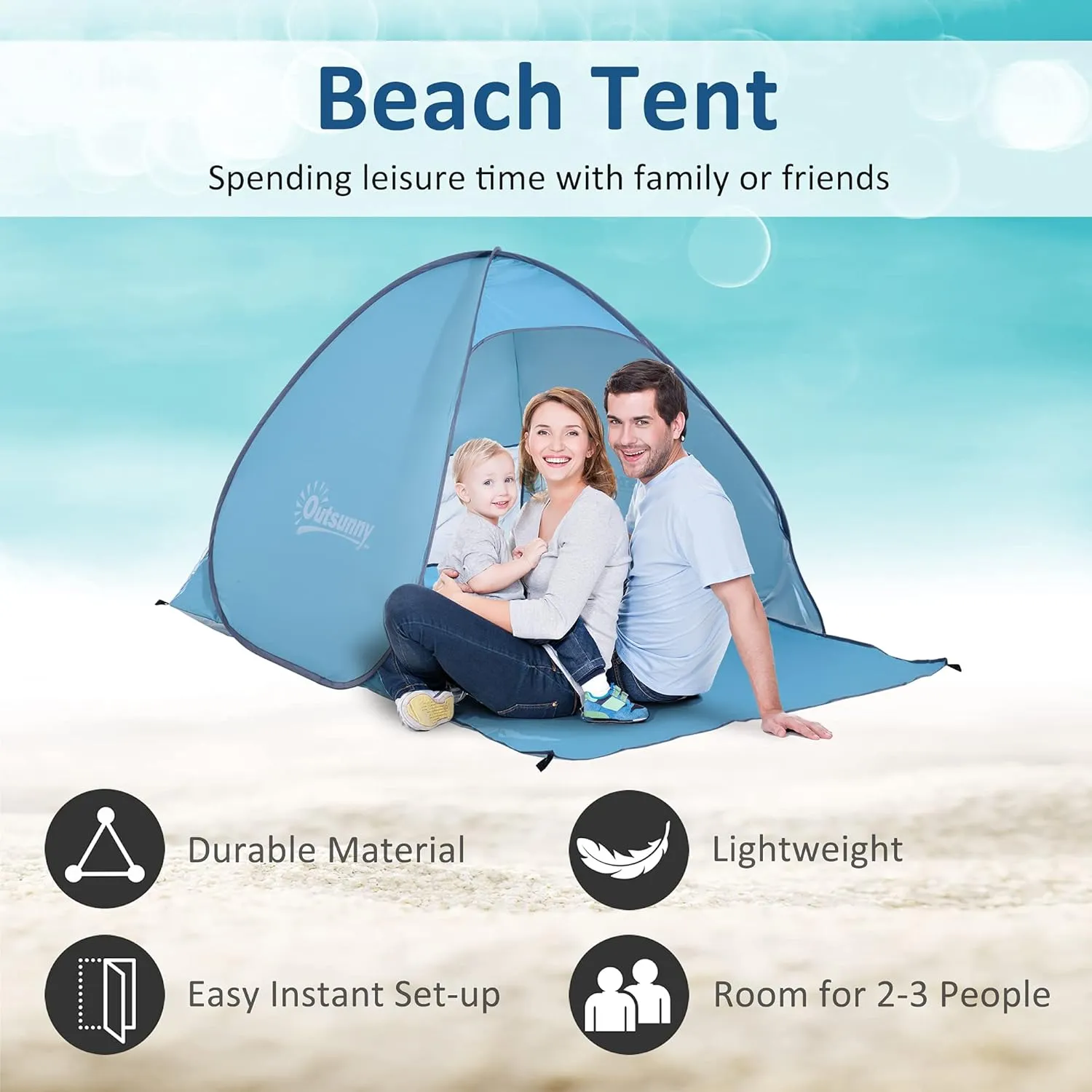 Outsunny Pop up Beach Tent, UV 30  Sun Shelter with Carry Bag, 2x1.5m for 2-3 Person, Blue