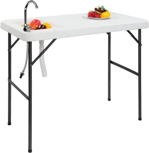 Outvita Fish Cleaning Table, Portable Folding Camping Table, 45" HDPE Outdoor Fish Cleaning Station with Sink, 360° Stainless Steel Faucet, Drainage Hose, Working Platform for Camping, Food Handling