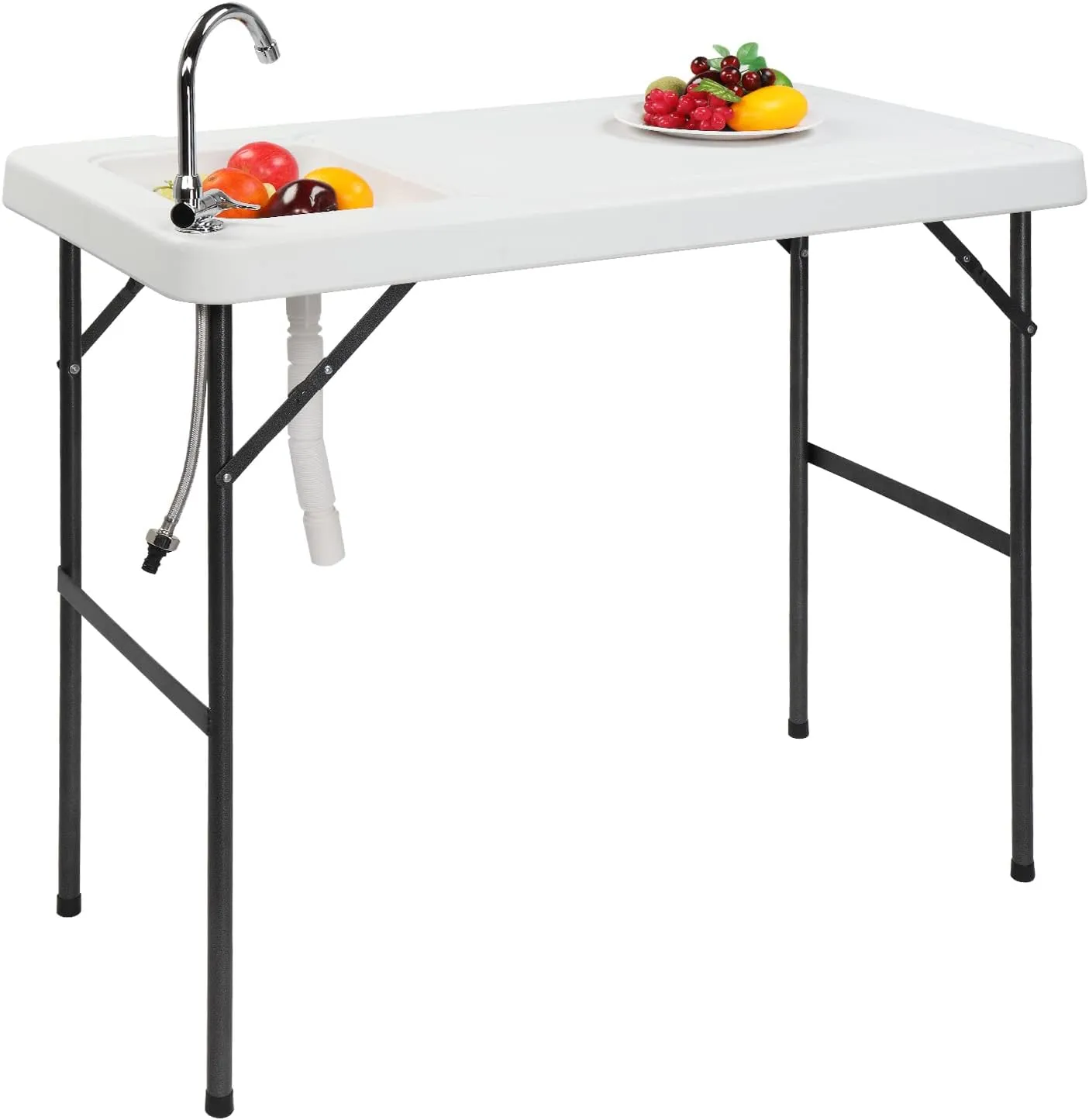 Outvita Fish Cleaning Table, Portable Folding Camping Table, 45" HDPE Outdoor Fish Cleaning Station with Sink, 360° Stainless Steel Faucet, Drainage Hose, Working Platform for Camping, Food Handling