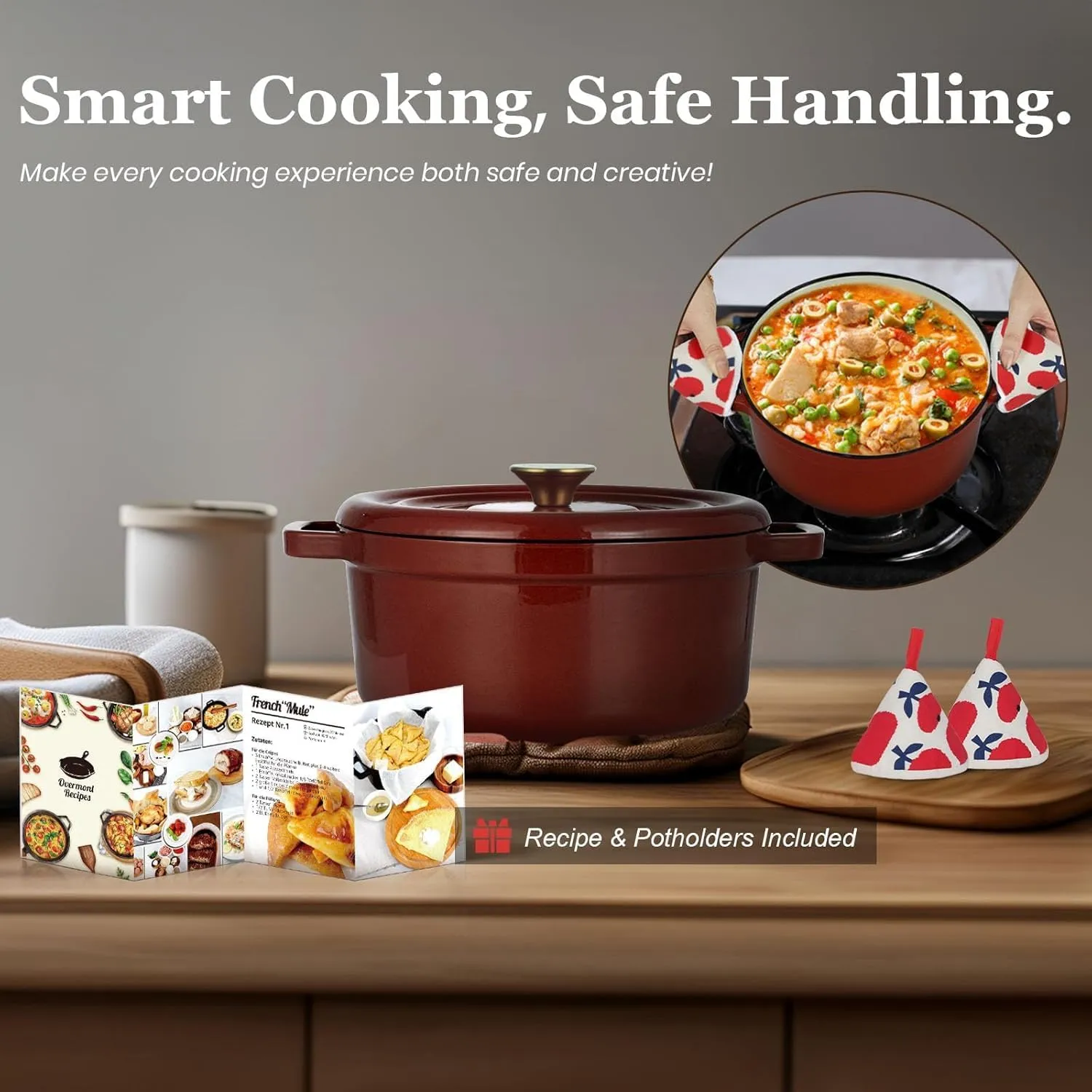 Overmont Enameled Cast Iron Dutch Oven - 5QT Pot with Lid Cookbook & Cotton Potholders - Heavy-Duty Cookware for Braising, Stews, Roasting, Bread Baking burgundy