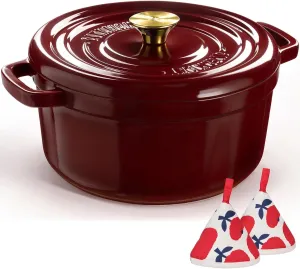 Overmont Enameled Cast Iron Dutch Oven - 5QT Pot with Lid Cookbook & Cotton Potholders - Heavy-Duty Cookware for Braising, Stews, Roasting, Bread Baking burgundy