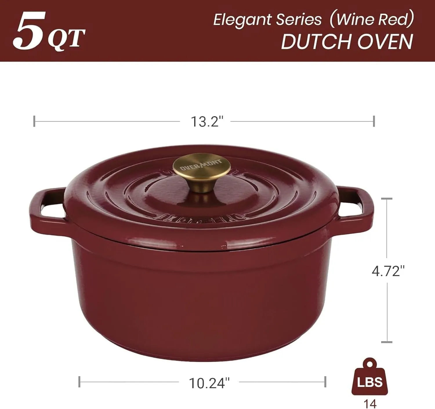 Overmont Enameled Cast Iron Dutch Oven - 5QT Pot with Lid Cookbook & Cotton Potholders - Heavy-Duty Cookware for Braising, Stews, Roasting, Bread Baking burgundy