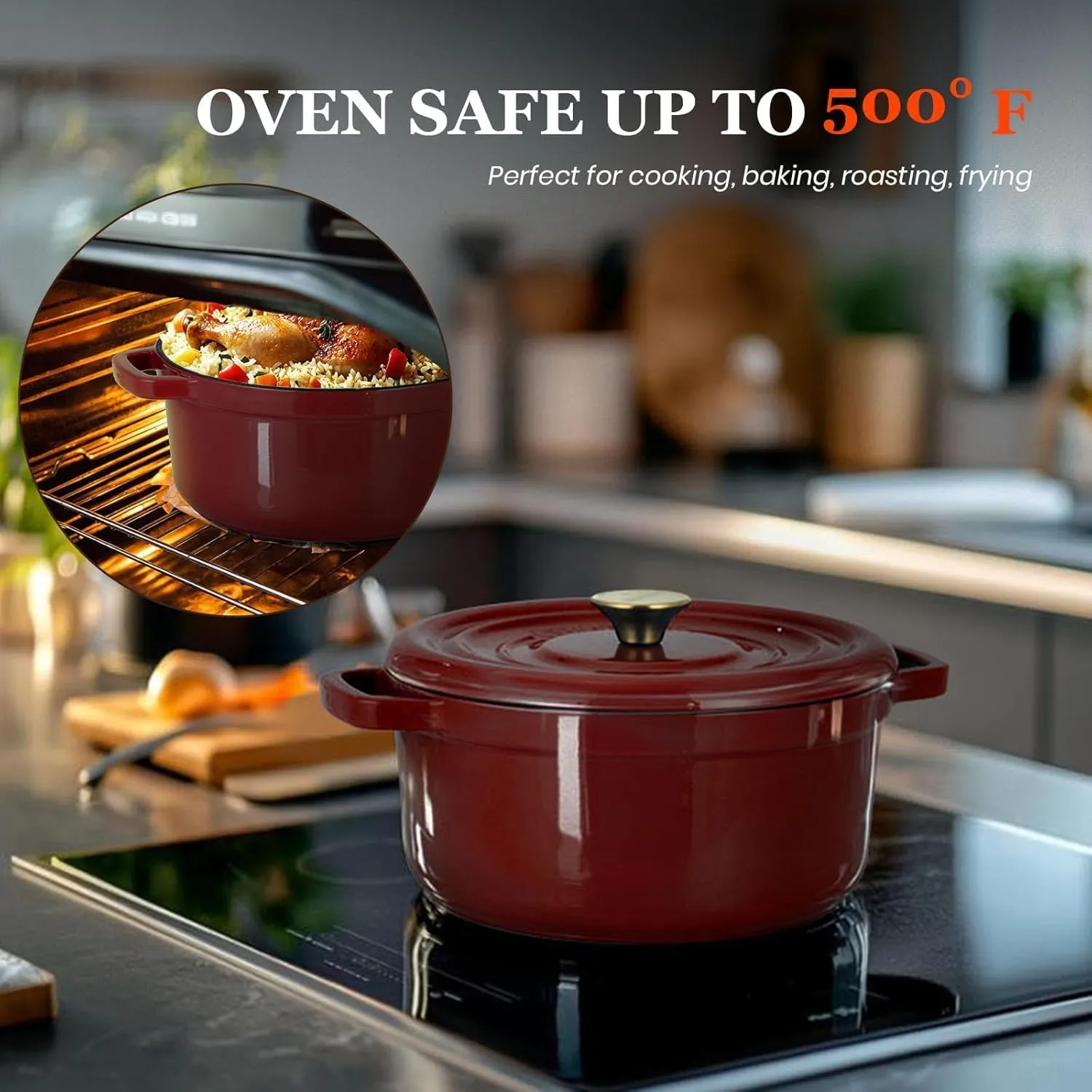 Overmont Enameled Cast Iron Dutch Oven - 5QT Pot with Lid Cookbook & Cotton Potholders - Heavy-Duty Cookware for Braising, Stews, Roasting, Bread Baking burgundy