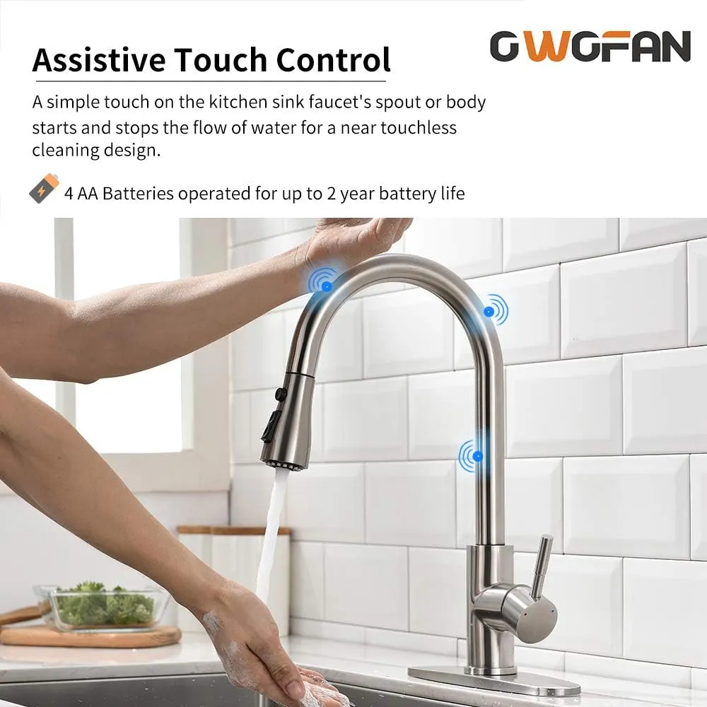 OWOFAN Touchless Kitchen Faucet Smart Kitchen Sink Faucet with Pull Down Sprayer Touch on Activated Kitchen Bar Sink Faucet Brushed Nickel Stainless Steel 68-1068SN