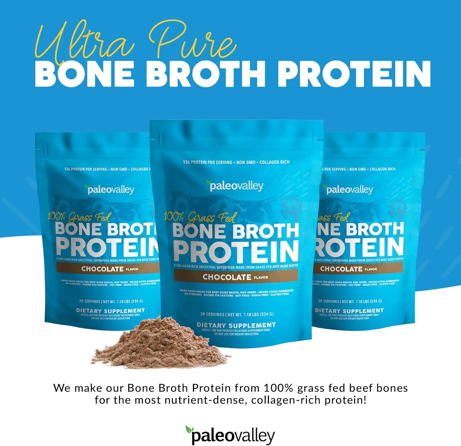 Paleovalley 100% Grass Fed Bone Broth Protein Powder - Chocolate - Rich in Collagen for Hair, Skin, Gut Health, Bone and Joint Support - 28 Servings