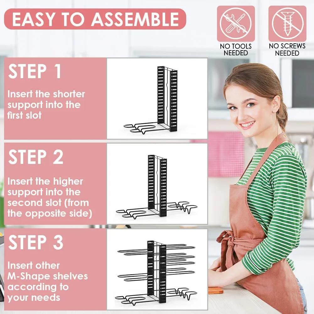 Pan Organizer Rack for Cabinet, Pot Rack with 3 DIY Methods, Adjustable Pots and Pans Organizer under Cabinet with 8 Tiers, Large & Small Pot Organizer Rack for Cabinet Kitchen Cookware Organizer