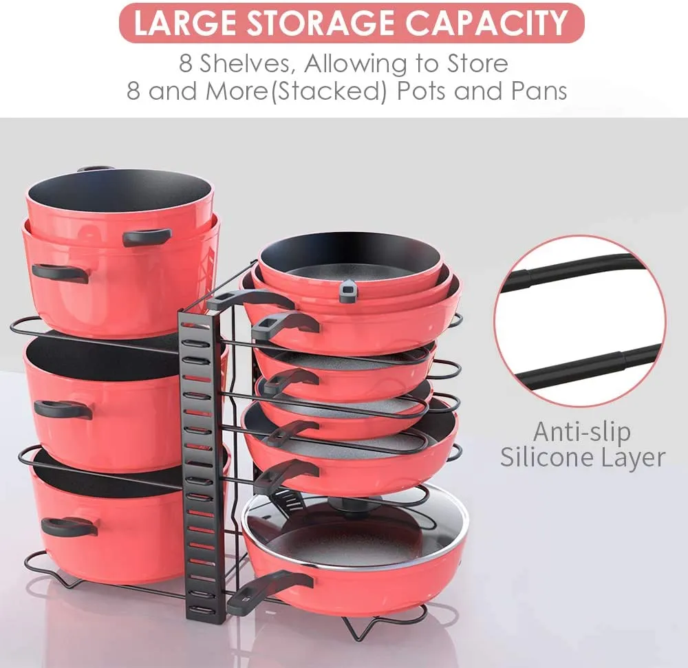Pan Organizer Rack for Cabinet, Pot Rack with 3 DIY Methods, Adjustable Pots and Pans Organizer under Cabinet with 8 Tiers, Large & Small Pot Organizer Rack for Cabinet Kitchen Cookware Organizer