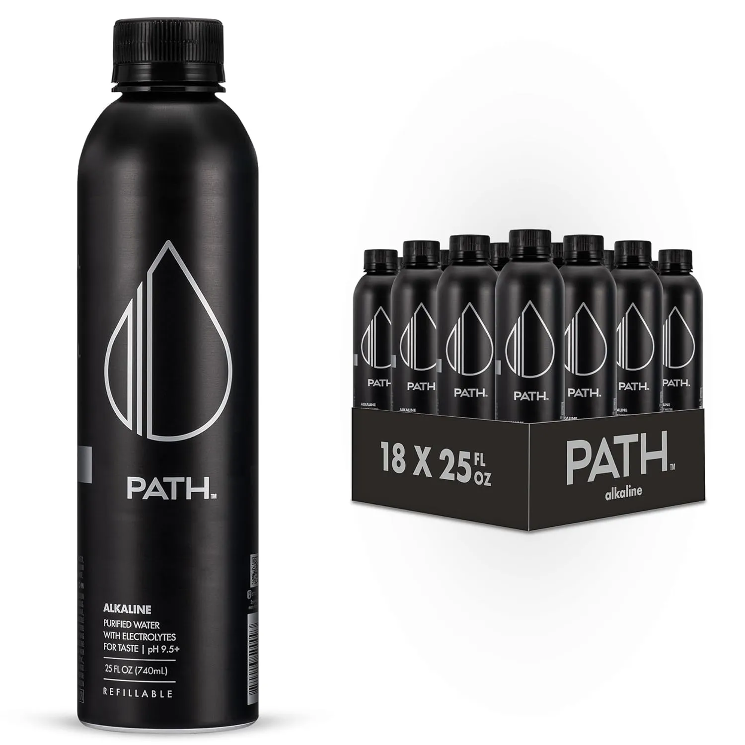 PATH Alkaline Bottled Water - 9.5 pH-Balanced Purified Water with Electrolytes in Aluminum Bottle - BPA-Free, Reusable, Infinitely Recyclable - Pure, Crisp, Refreshing Taste - 25 Fl Oz (Pack of 18)