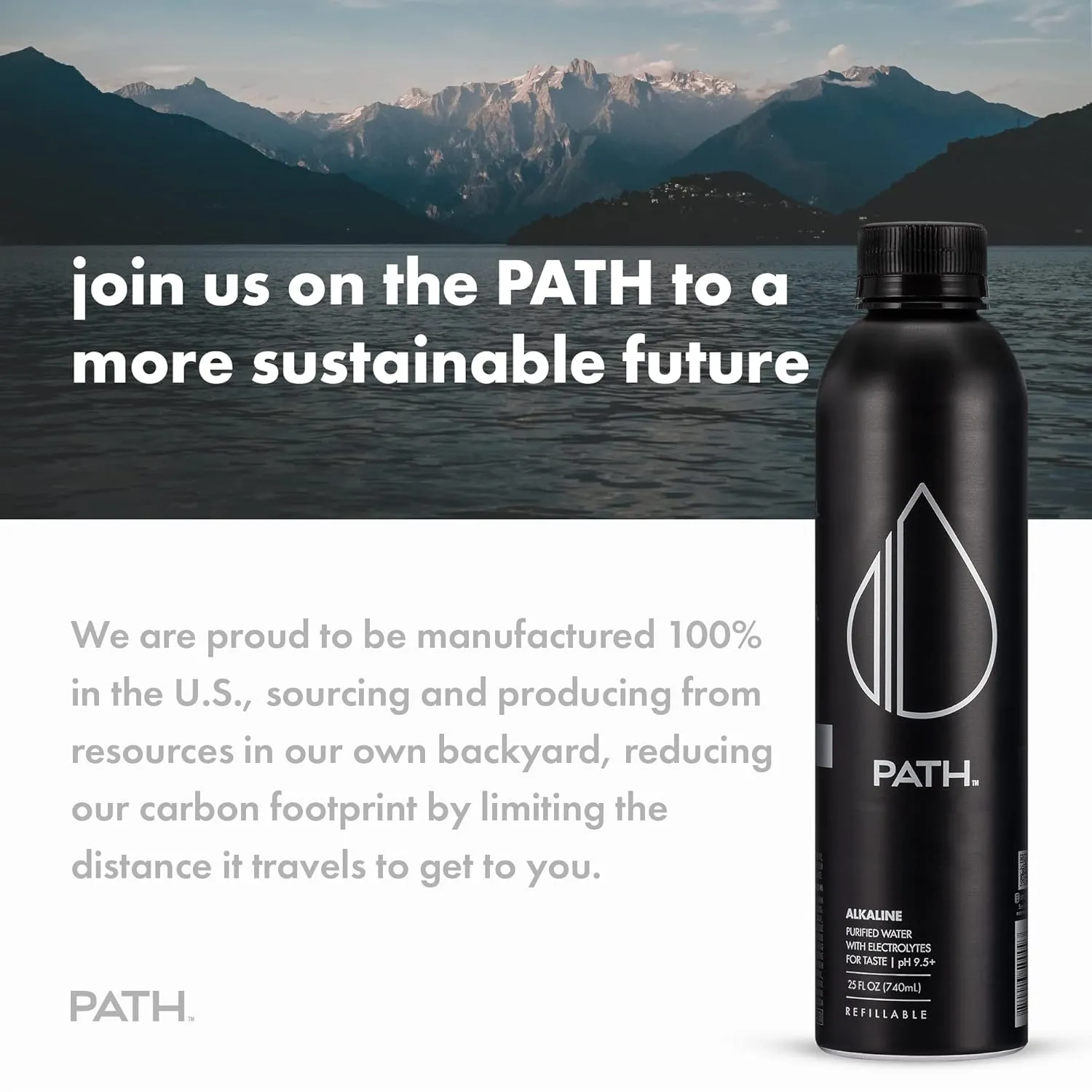 PATH Alkaline Bottled Water - 9.5 pH-Balanced Purified Water with Electrolytes in Aluminum Bottle - BPA-Free, Reusable, Infinitely Recyclable - Pure, Crisp, Refreshing Taste - 25 Fl Oz (Pack of 18)