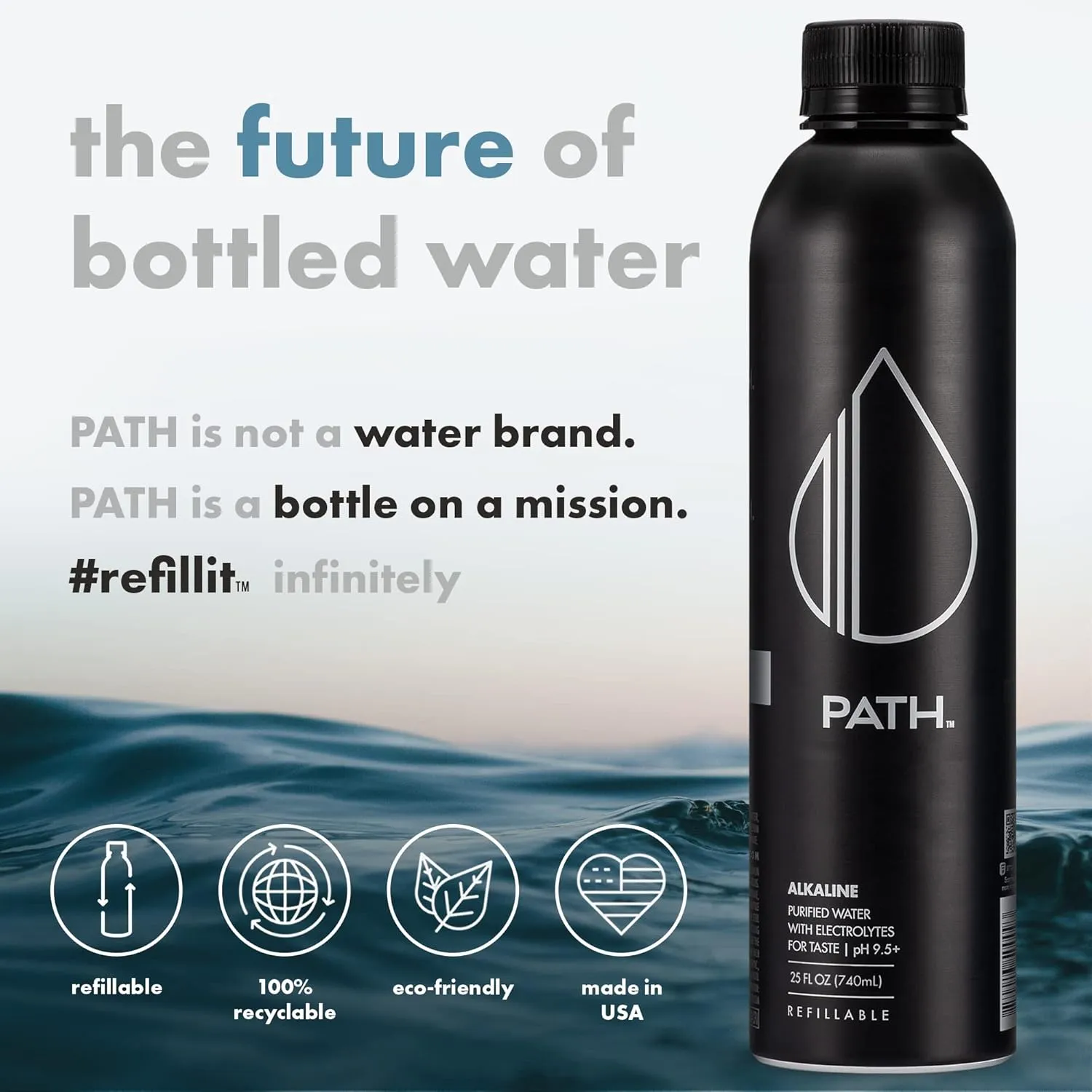 PATH Alkaline Bottled Water - 9.5 pH-Balanced Purified Water with Electrolytes in Aluminum Bottle - BPA-Free, Reusable, Infinitely Recyclable - Pure, Crisp, Refreshing Taste - 25 Fl Oz (Pack of 18)