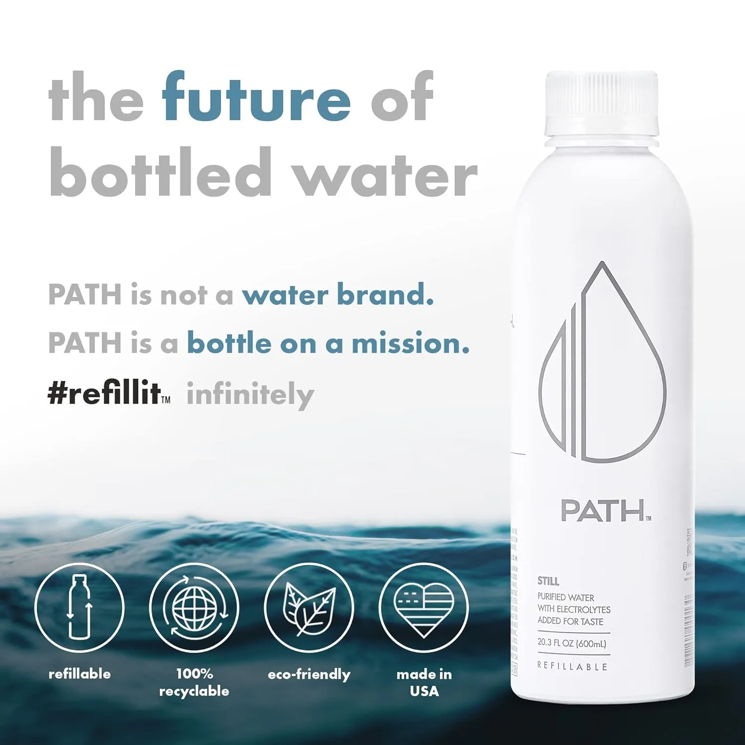 PATH Still Bottled Water - Ultra-Purified, pH-Balanced Purified Water in Aluminum Bottle - BPA-Free, Reusable, Infinitely Recyclable - Crisp, Refreshing Taste 20.3 fl oz (Pack of 4)