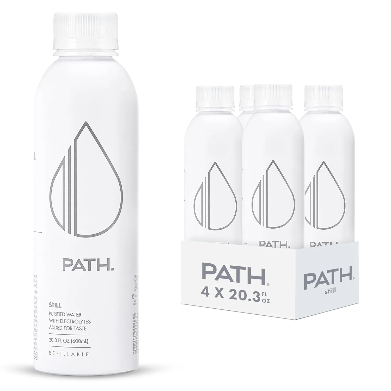 PATH Still Bottled Water - Ultra-Purified, pH-Balanced Purified Water in Aluminum Bottle - BPA-Free, Reusable, Infinitely Recyclable - Crisp, Refreshing Taste 20.3 fl oz (Pack of 4)