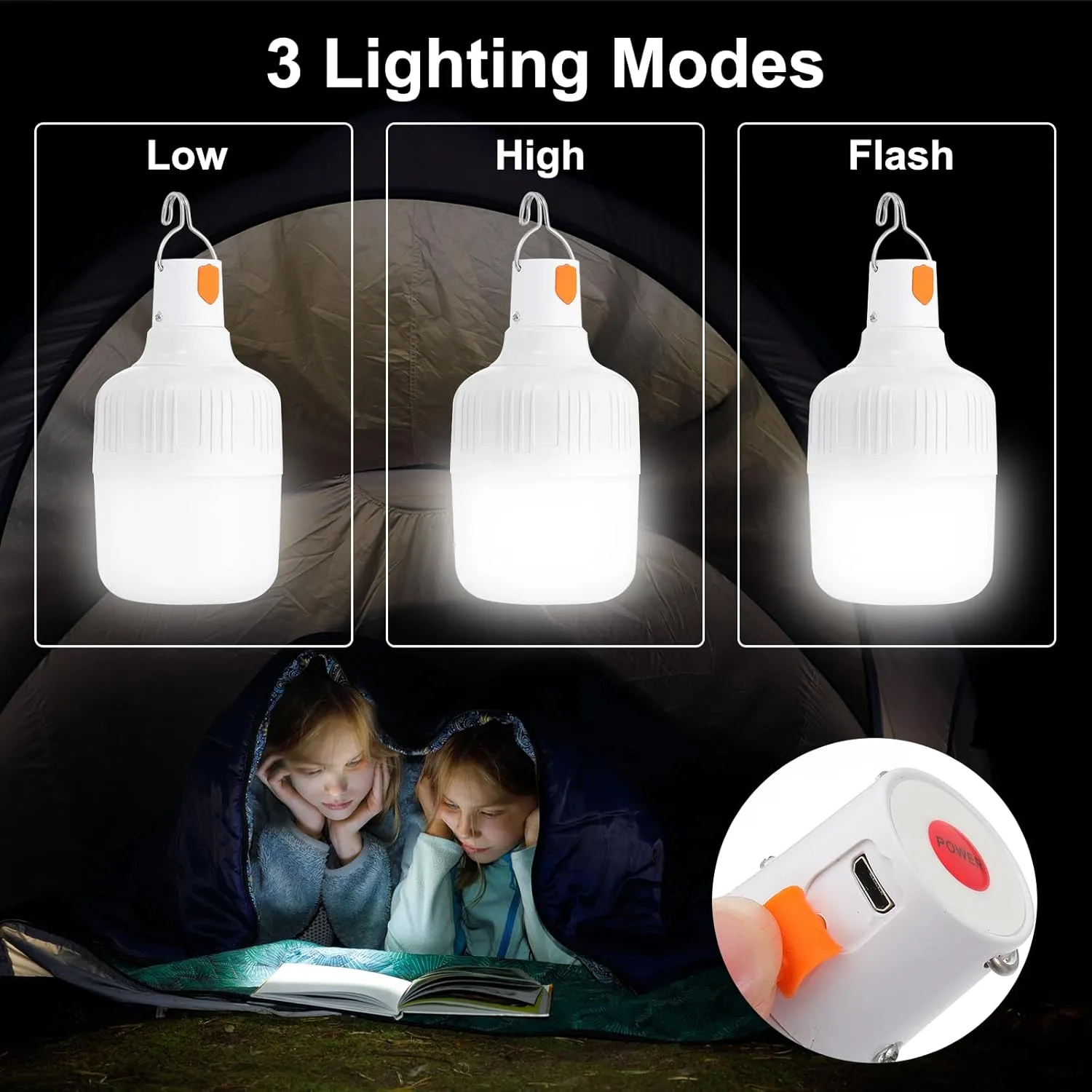 PATIKIL Camping Lantern, 4 Pack Rechargeable LED Tent Lamp Lights Bulb Portable Hanging 3 Lighting Modes 90W with Clip Hook for Camping, Hiking, Fishing, White