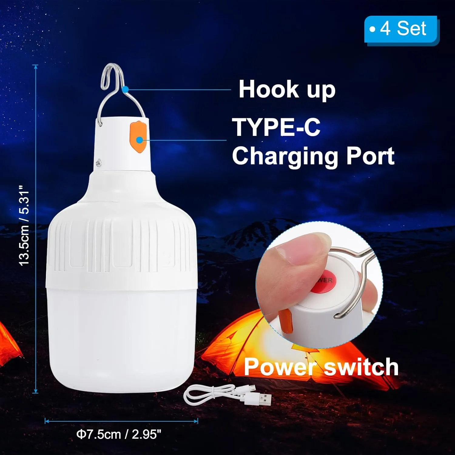 PATIKIL Camping Lantern, 4 Pack Rechargeable LED Tent Lamp Lights Bulb Portable Hanging 3 Lighting Modes 90W with Clip Hook for Camping, Hiking, Fishing, White