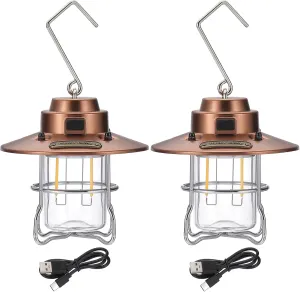 PATIKIL LED Camping Lantern, 2 Pack Vintage Rechargeable Lantern 3 Light Modes Portable Hanging Outdoor Tent Light for Camping, Hiking, Fishing, Bronze Tone 3.66 Inch