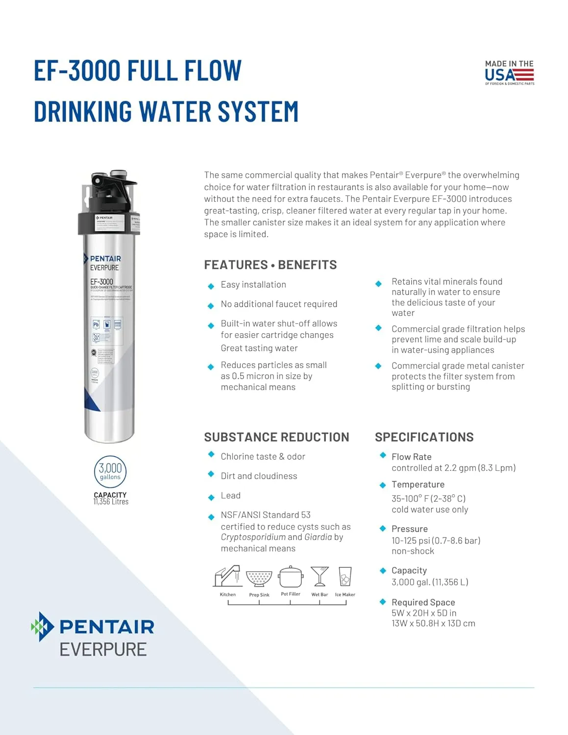 Pentair Everpure EF-3000 Quick-Change Filter Cartridge, EV985750, For Use in Everpure EF-3000 Full Flow Drinking Water System, 3,000 Gallon Capacity, 0.5 Micron