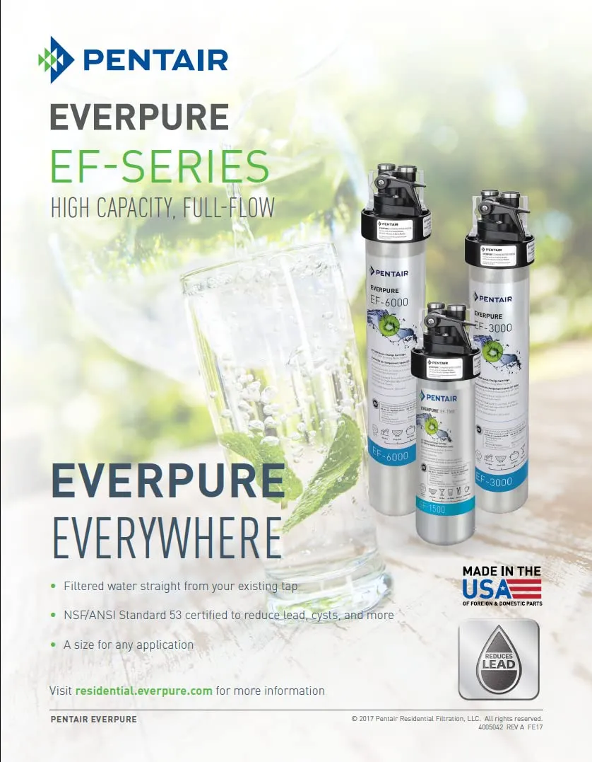 Pentair Everpure EF-3000 Quick-Change Filter Cartridge, EV985750, For Use in Everpure EF-3000 Full Flow Drinking Water System, 3,000 Gallon Capacity, 0.5 Micron