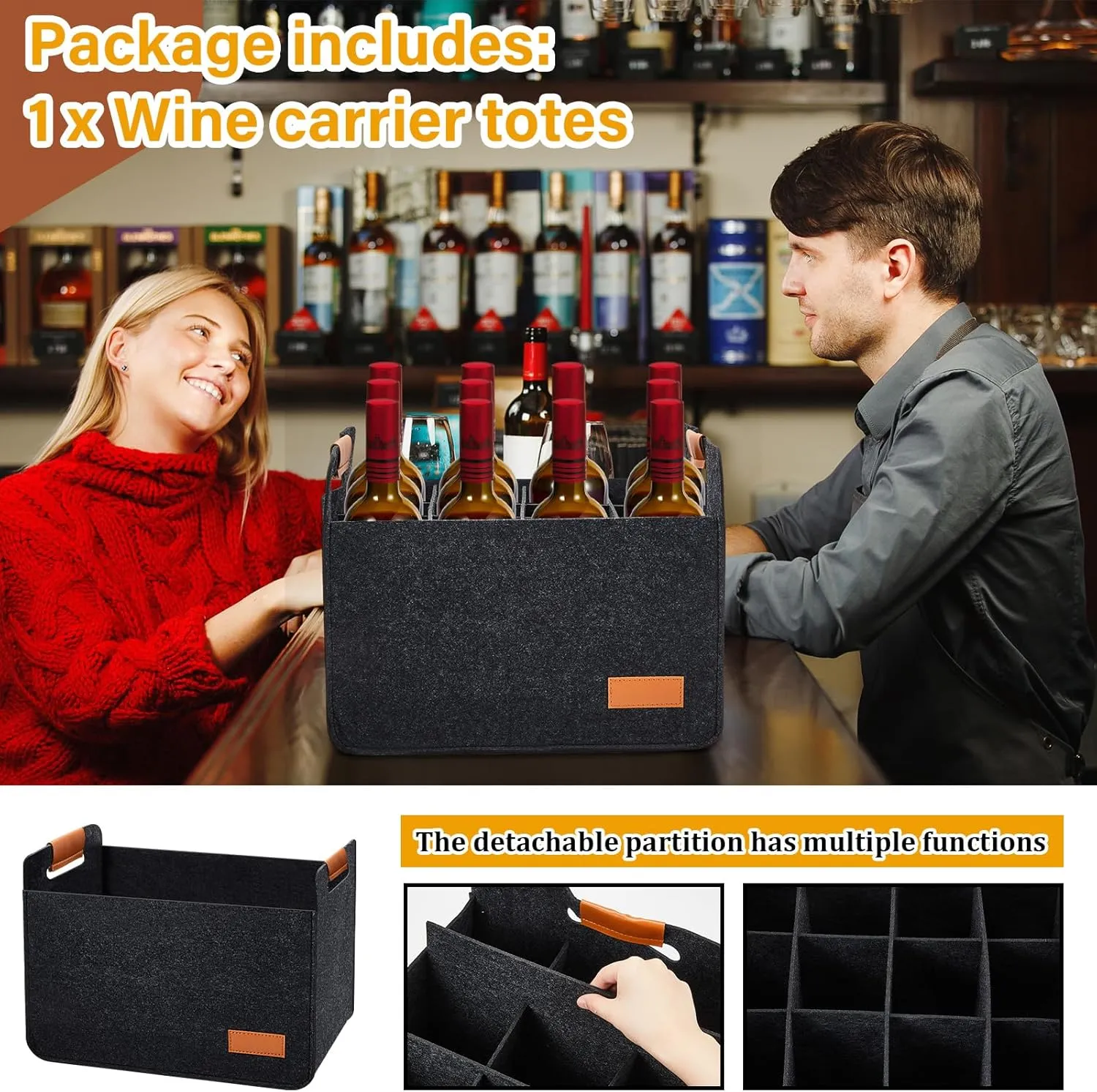 Peryiter 1 Pcs 12 Bottles Wine Carrier Tote 14.6 x 12.6 x 10.6 Inch Insulated Thermal Padded Wine Tote Bag Reusable Glasses Liquor Bottle Storage Collapsible Ratafia Travel Case for Party (Grey)