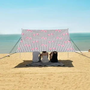 Pink Bowknot Classic Checked Beach Canopy Tent Anti-UV & Wind Resistant, Camping Sun Shelter Easy Setup Portable,Outdoor Shade Tents with Sandbags,Sand Shovels,Ground Pegs & Stability Poles