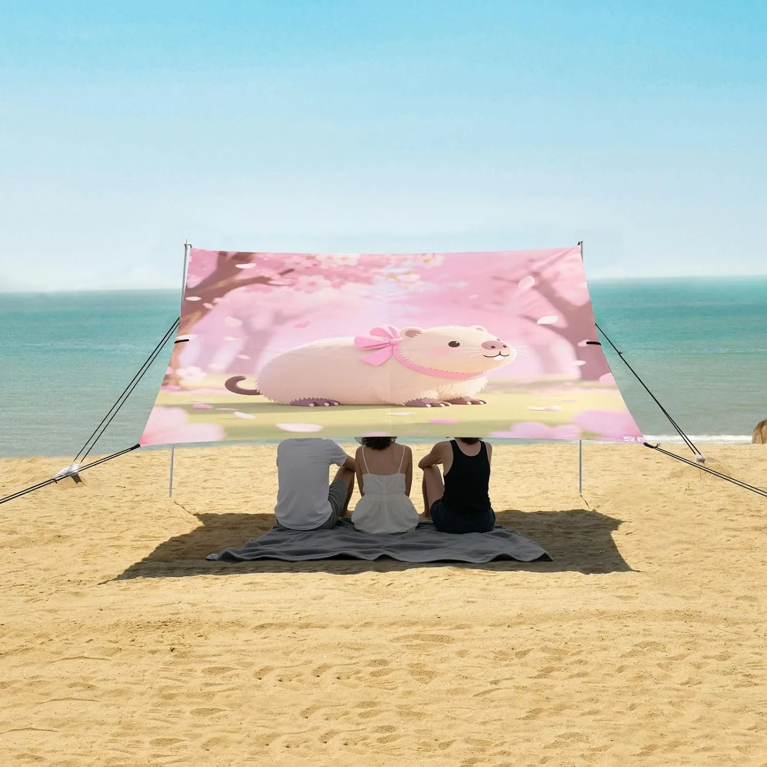 Pink Cherry Blossom Capybara Beach Camping Tent Sun Shelter for Whole Family, Beach Shade Canopy with UPF50  UV Protection,Easy Set Up and Carry,Outdoor Shade for Trips, Fishing, Backyard Fun P