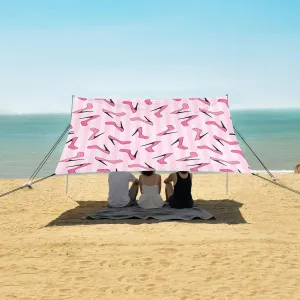 Pink High Heels Striped Beach Canopy Tent Anti-UV & Wind Resistant, Camping Sun Shelter Easy Setup Portable,Outdoor Shade Tents with Sandbags,Sand Shovels,Ground Pegs & Stability Poles
