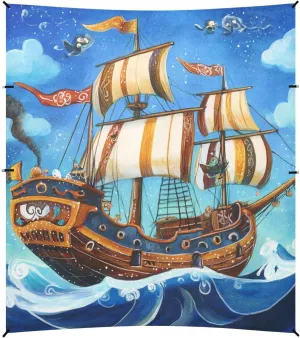 Pirate Ship Sailing Sea Blue Foldable Beach Tent UPF50 Easy Setup Portable Sun Shelter with Sand Shovel, Sandbags for Backyard, Grassland, Park
