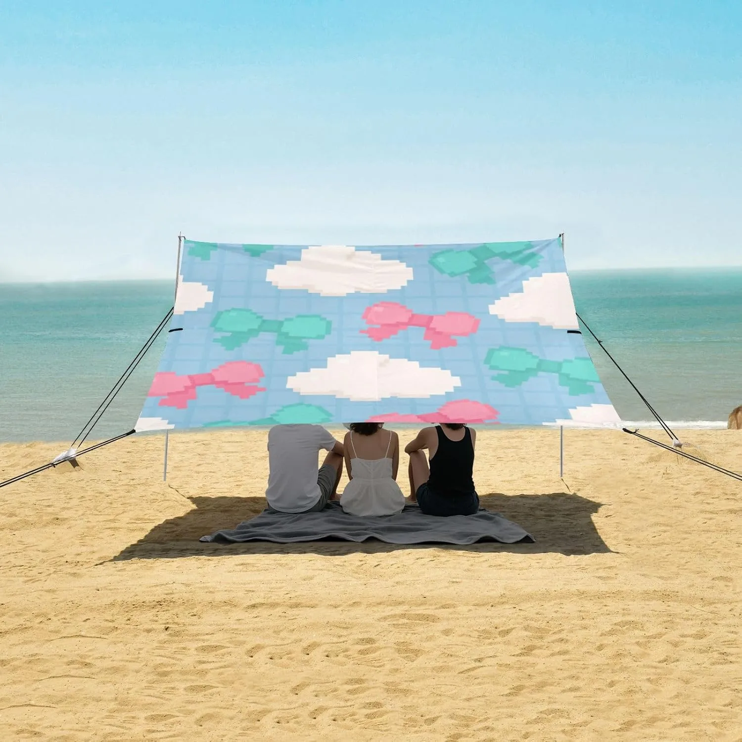 Pixel Bows and Clouds Beach Canopy Tent Anti-UV & Wind Resistant, Camping Sun Shelter Easy Setup Portable,Outdoor Shade Tents with Sandbags,Sand Shovels,Ground Pegs & Stability Poles
