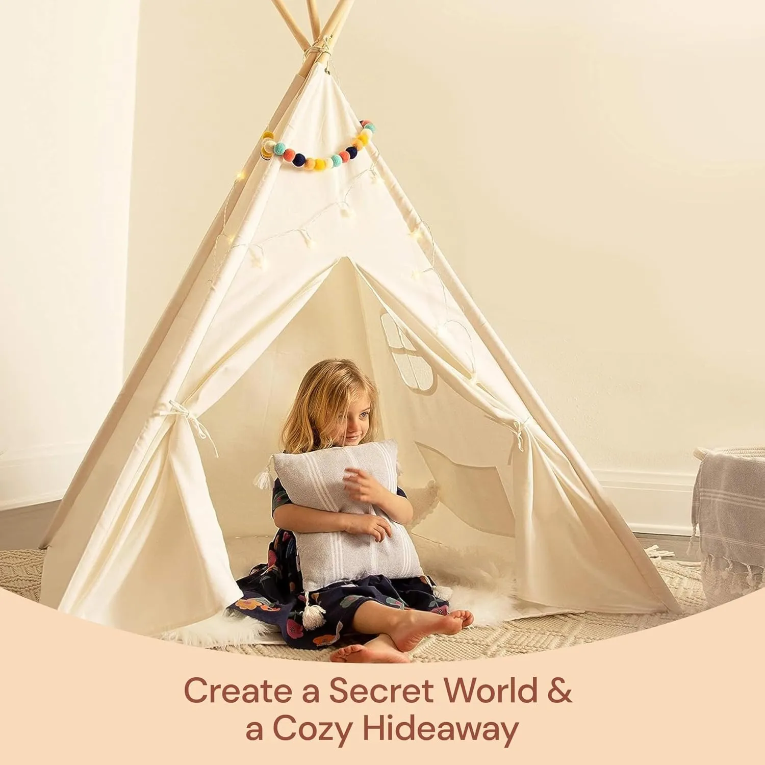 PlayVibe Kids Teepee Canopy - Baby & Toddler Play Shelter with LED Star Lights, Cozy Reading Nook, Party Canvas for Indoor Outdoor Fun - Tent for Kids - Play Tent