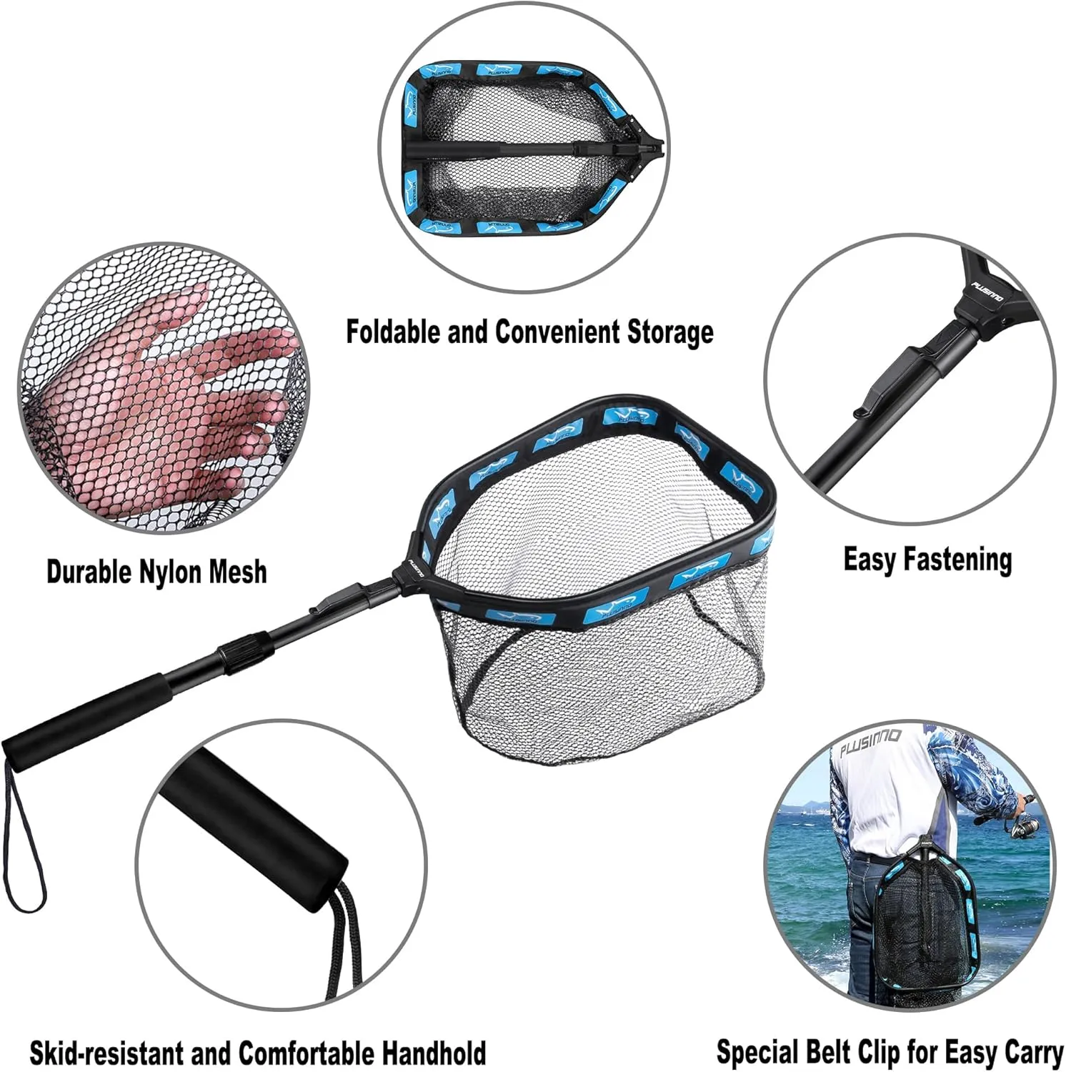 PLUSINNO Floating Fishing Net for Steelhead, Salmon, Fly, Kayak, Catfish, Bass, Trout Fishing, Rubber Coated Landing Net for Easy Catch & Release, Compact & Foldable for Easy Transportation & Storage