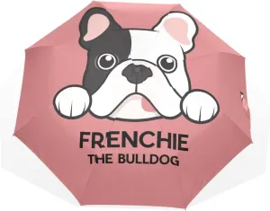 Poeticcity Frenchie Dog The Bulldog On Table Wait for Foods Red Pattern Unisex Manual Folding Rain Umbrella, Foldable Durable Sun Parasol, Collapsible Compact Windproof Portable Umbrellas for Travel