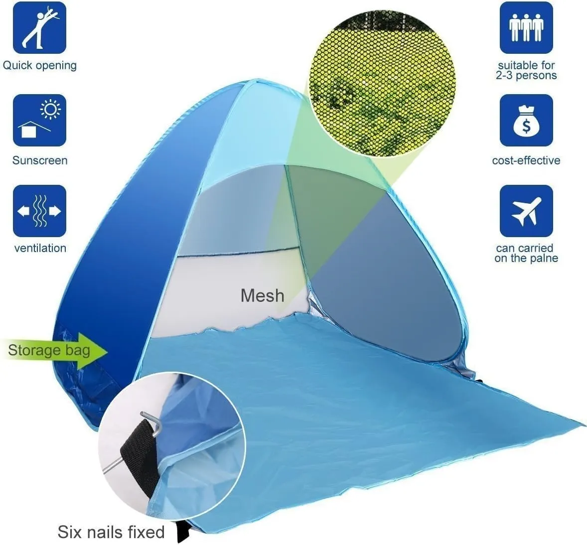 Pop Up Beach Camping Tent UPF 50  for Uv Sun Protection, Waterproof Sun Shades Beach Umbrella for Family for Outdoor Patio, Fishing, Picnic, Pool Parties (Blue)