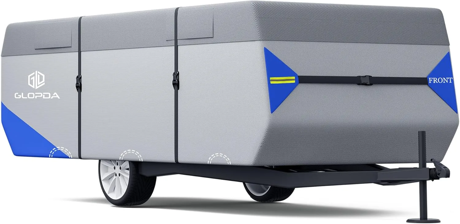 Pop Up Folding Camper Cover Fits 10' - 12' Trailers, Anti-Tear 7 Layers Top 3 Layers Side Tent Trailer Cover, Waterproof Pop Up Folding Trailer Cover with Windproof Strap, Superior RV Covers