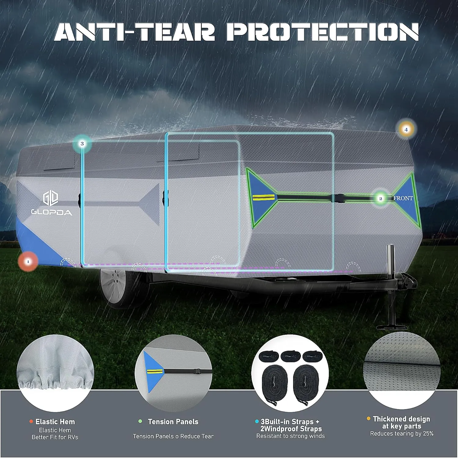 Pop Up Folding Camper Cover Fits 10' - 12' Trailers, Anti-Tear 7 Layers Top 3 Layers Side Tent Trailer Cover, Waterproof Pop Up Folding Trailer Cover with Windproof Strap, Superior RV Covers