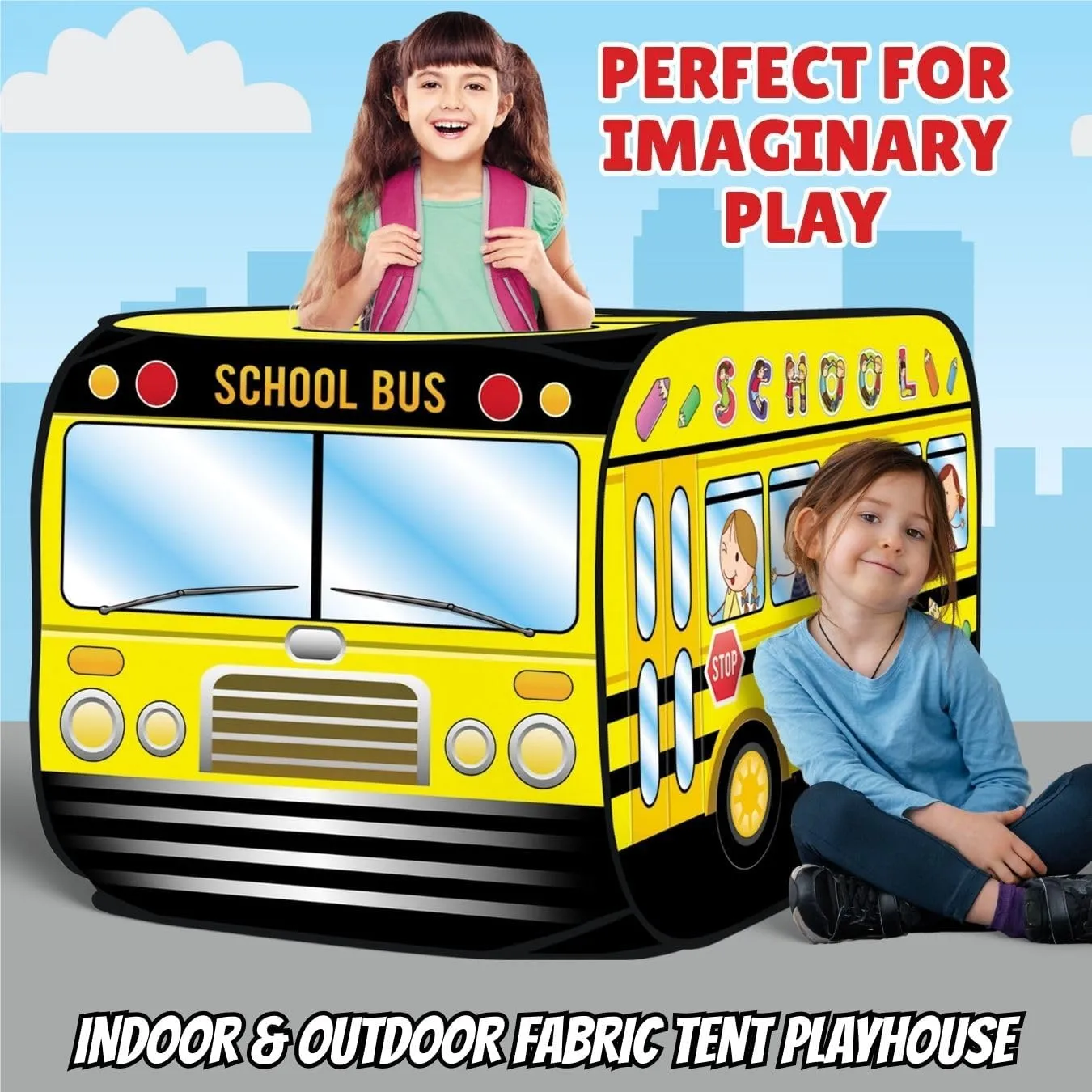 Pop Up Play Tent for Kids - My First Foldable Indoor & Outdoor Playhouse Vehicle Toys for Toddlers, Boys and Girls (School Bus)