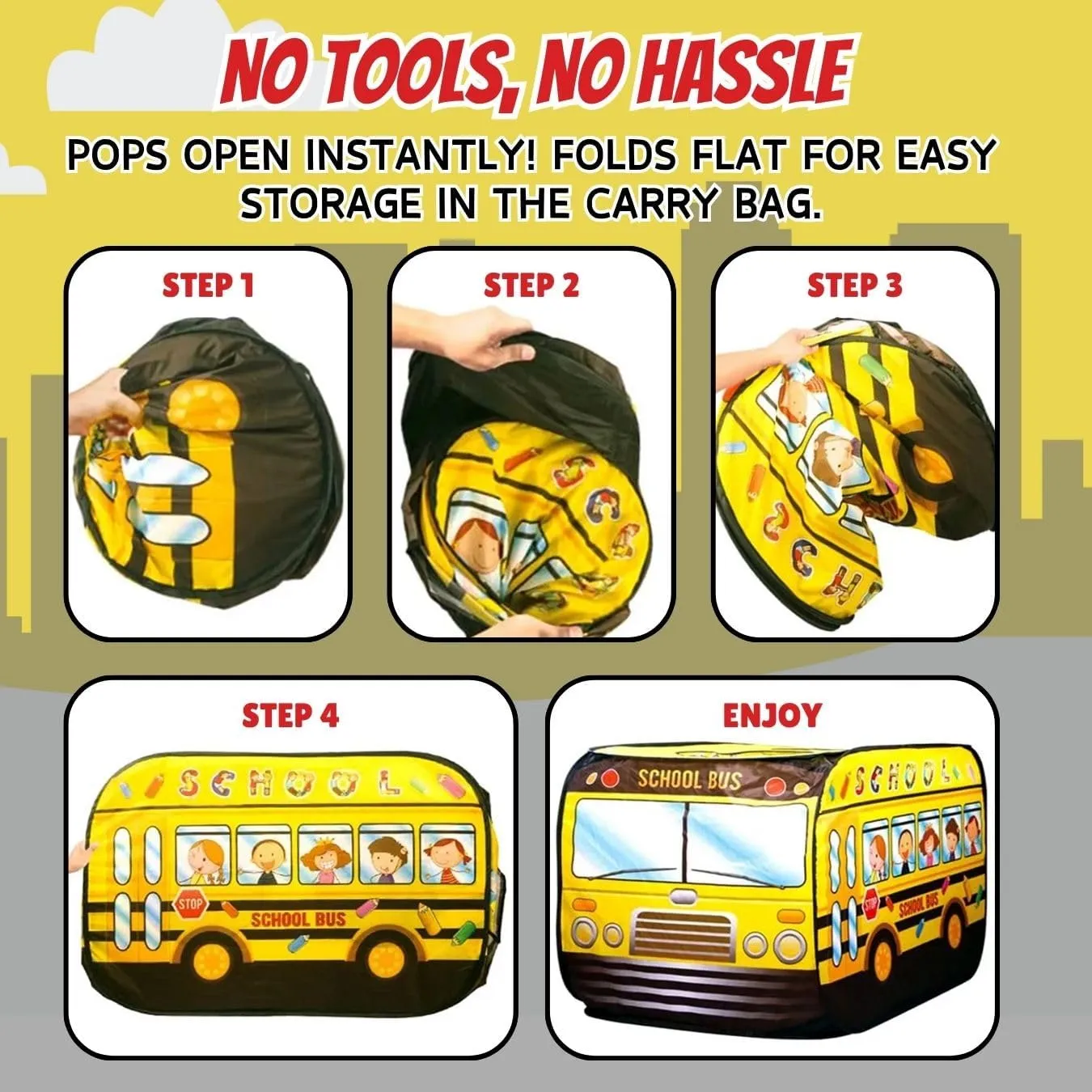 Pop Up Play Tent for Kids - My First Foldable Indoor & Outdoor Playhouse Vehicle Toys for Toddlers, Boys and Girls (School Bus)