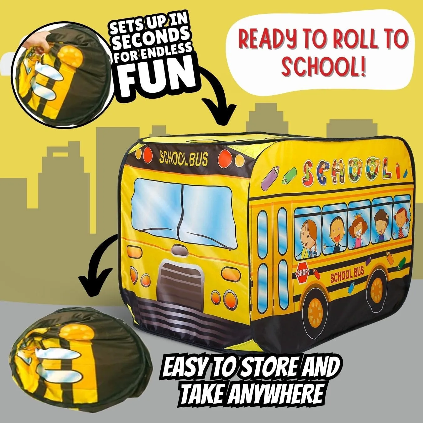 Pop Up Play Tent for Kids - My First Foldable Indoor & Outdoor Playhouse Vehicle Toys for Toddlers, Boys and Girls (School Bus)