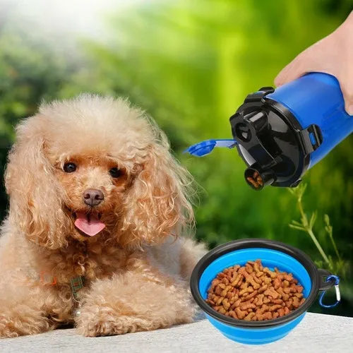 Portable 2 in 1 Dog Water Bottle With Bowls - Durable Lightweight Leak Proof On the Go Puppy Travel Water Bottle with Food Container Pet Feeding Gift