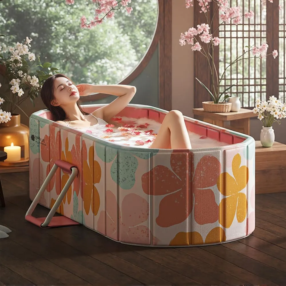 Portable Bathtub for Adult 47" Large Foldable No Installation Bath Tub for Shower Stall, Bathroom Hot SPA Soaking Standing Tub, Collapsible Plunge Bathtub (Pink, 47.2"×21.6"×19.6")