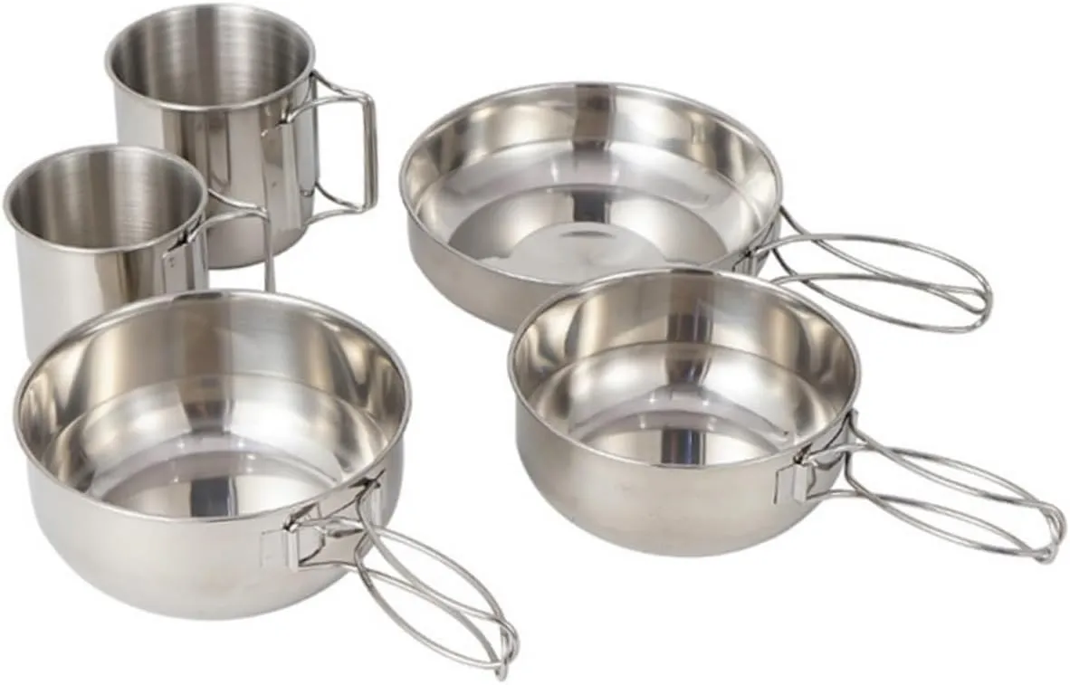 Portable Camping Cooking Set 5-Piece Stainless Steel Tableware Frying Pan Bowl Cup for Outdoor Hiking Picnic BBQ