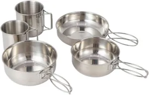 Portable Camping Cooking Set 5-Piece Stainless Steel Tableware Frying Pan Bowl Cup for Outdoor Hiking Picnic BBQ