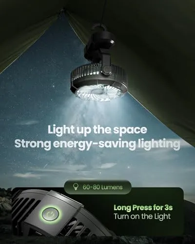 Portable Camping Fan w/ LED Lantern,Power Display 360° Head Rotation