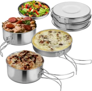 Portable Stainless Steel 4-Piece Camping Cooking Set with Storage Bag, Lightweight Pots, Pan, and Plate for Hiking, Mountaineering, Outdoor Use