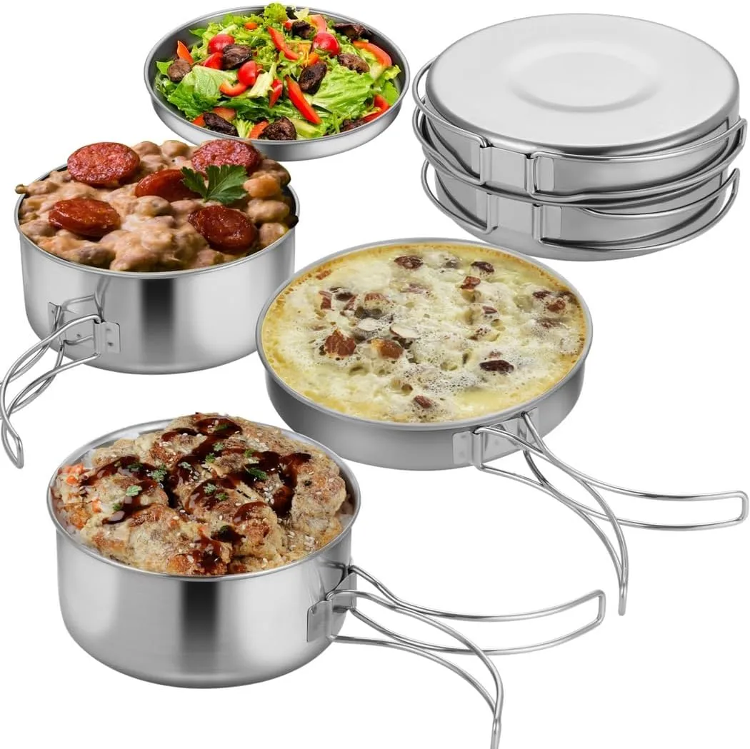 Portable Stainless Steel 4-Piece Camping Cooking Set with Storage Bag, Lightweight Pots, Pan, and Plate for Hiking, Mountaineering, Outdoor Use